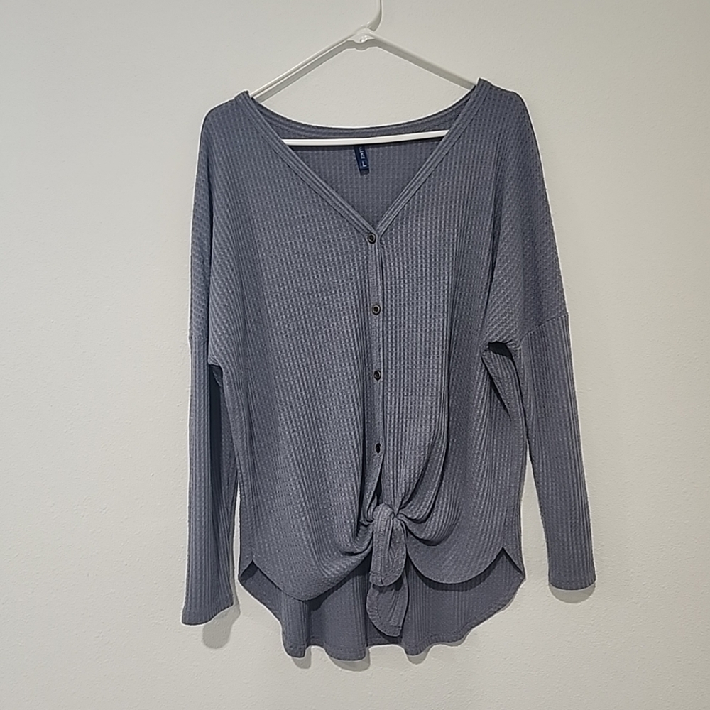 Womens Large Slouchy Gray/Purple Waffle Knit Long Sleeve Button Up Blouse